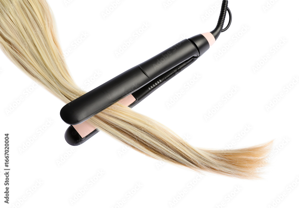 Naklejka premium Straightener with blonde hair lock isolated on white