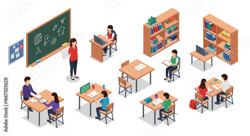Isometric classroom scene with teacher and students engaged in learning activities