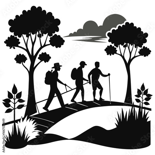 Silhouette Hikers on Bridge, Forest Landscape with Trees and Cloudy Sky Illustration