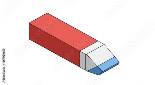 Isometric rubber eraser with red and blue design on white background