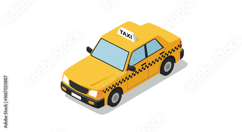 Isometric yellow taxi cab with checkered pattern on white background