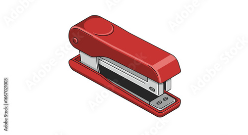 Red stapler in isometric perspective with detailed design and minimalist style