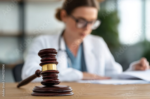 A judge's gavel rests on a wooden desk in the foreground, with a blurred female doctor in a white lab coat and stethoscope in the background.