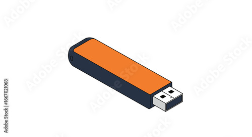 Isometric usb flash drive icon with orange and black design
