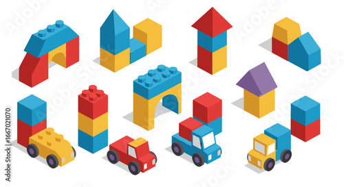 Colorful isometric toy building blocks and cars for creative playtime fun