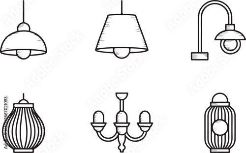 Collection of six hand drawn lighting fixtures isolated on white background
