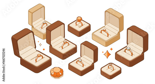 Elegant jewelry boxes with engagement rings in isometric style for weddings and celebrations