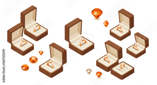 Stylish isometric jewelry boxes and gems with rings in elegant brown and orange tones