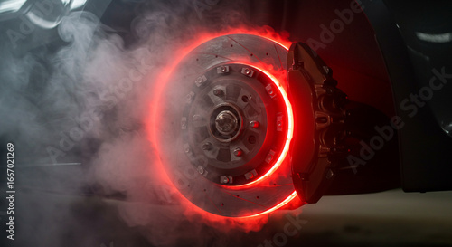 Glowing sports brake disc with red caliper
