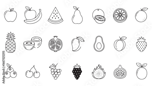 Fruits and vegetable icon set. Containing apple, banana, orange, grape, strawberry, watermelon, tomato, cucumber, cauliflower, eggplant, radish, mushroom, and more. Vector illustration
