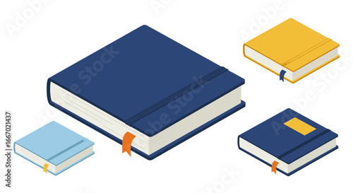 Isometric closed notebooks with colorful bookmarks on white background
