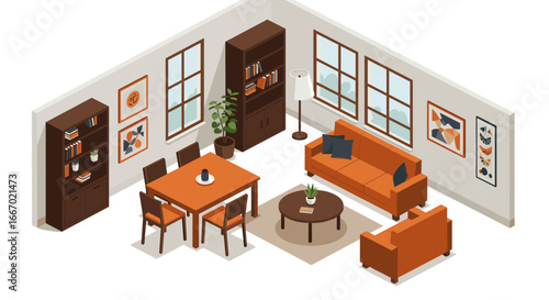 Modern isometric living and dining room interior with contemporary furniture