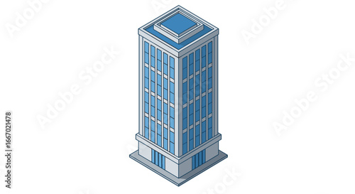 Isometric urban skyscraper with blue glass windows on white background