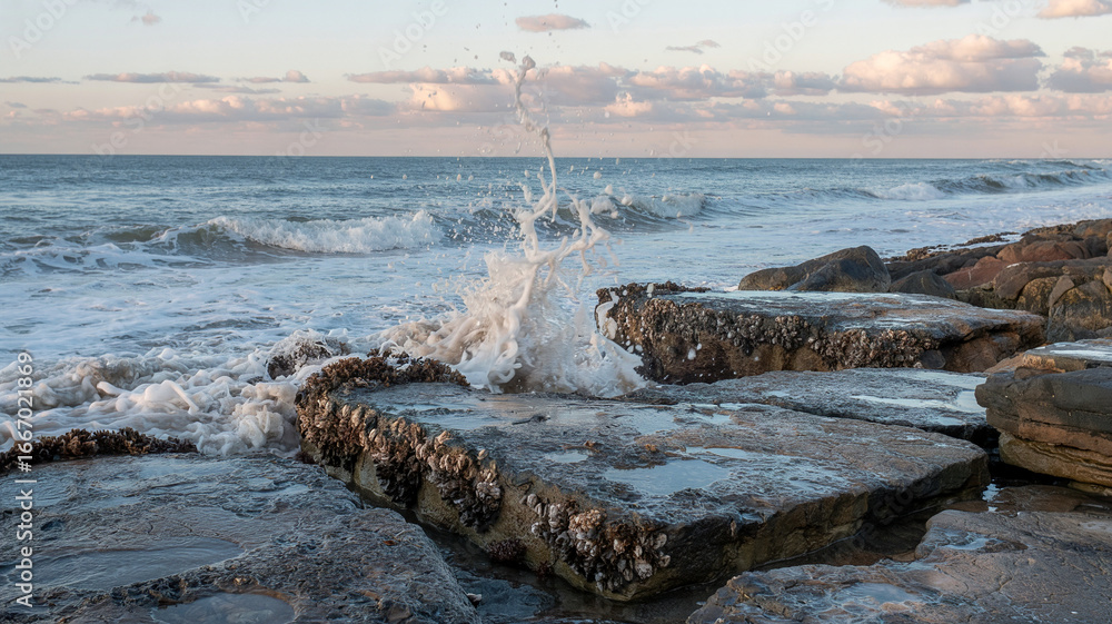 Fototapeta premium Foamy waves collide with barnacle-covered stones