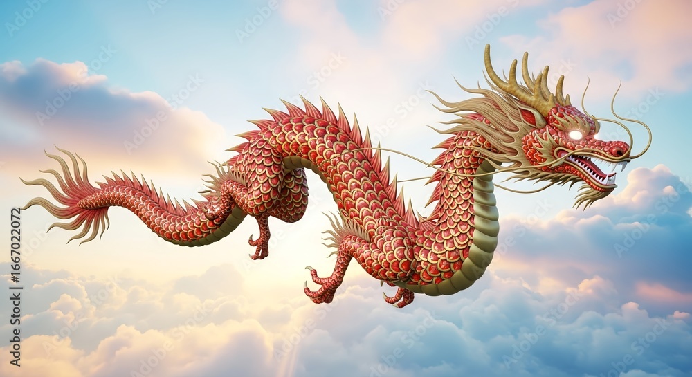 Fototapeta premium Majestic red and gold dragon soaring through the clouds, symbolizing power and luck