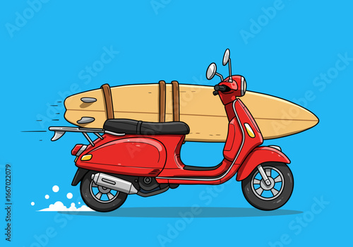 Red Scooter with Surfboard Illustration on Blue Background.