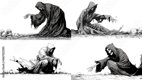 Dark monochrome illustration of a hooded figure with skulls, drawn in a dramatic ink style, creating a gothic and mysterious fantasy atmosphere.