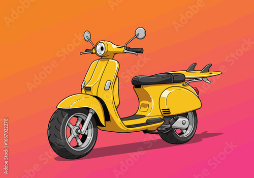 Yellow Scooter with Surfboard Rack Illustration.
