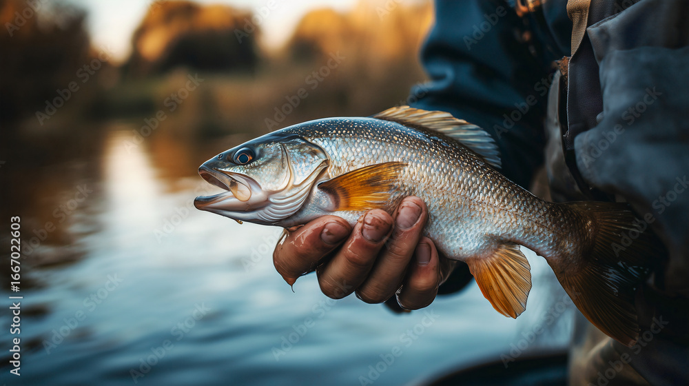 Obraz premium Fisherman holding fresh caught fish – front view, created with AI