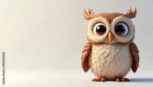 Cute cartoon owl with big brown eyes and orange beak stands on white background. Fluffy brown and white feathers, small wings. Adorable bird character, forest creature, symbol of wisdom, night animal.