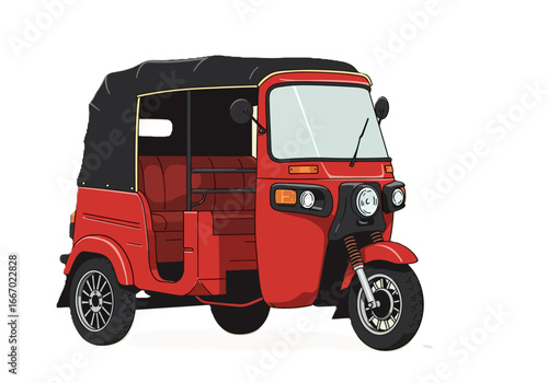 Red Auto Rickshaw Illustration with Black Canopy and Three Wheels.