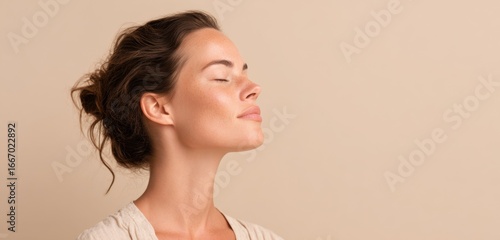 Wallpaper Mural Woman Practicing Breathwork Isolated on Flat Pastel Beige Background Torontodigital.ca