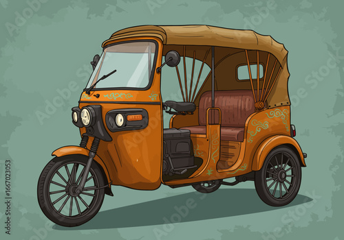 Illustrated Orange Auto Rickshaw with Decorative Details and Canopy.