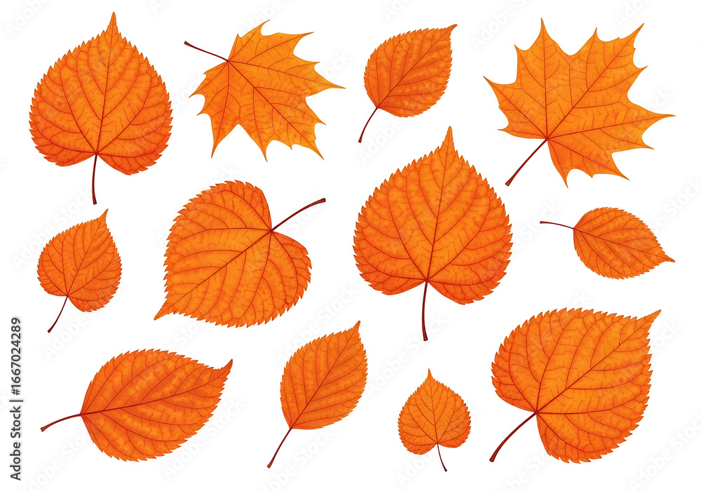 Obraz premium Vibrant autumn leaves in various shapes and sizes, displayed against a striking black backdrop, showcasing intricate details and rich orange hues.