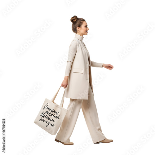 Stylish woman walking with tote bag fashionable outfit casual streetwear elegant ensemble transparent background