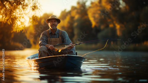 Fisherman in boat holding fish – front view, created with AI