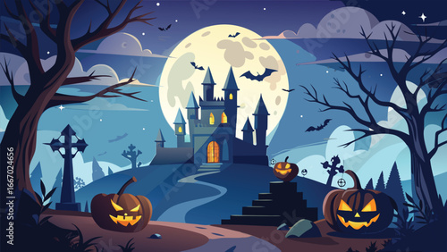 Spooky haunted house scene with a full moon and eerie atmosphere for halloween celebrations