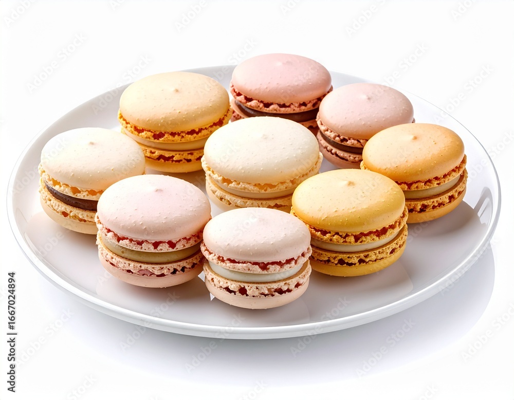 Obraz premium A plate of colorful macarons in pastel shades, arranged in a close-up, showcasing their delicate texture and filling.