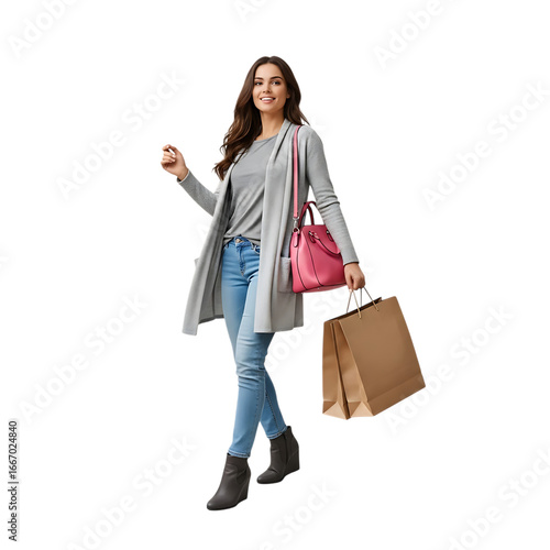 Young woman with shopping bags and purse enjoying a fashionable day out transparent background