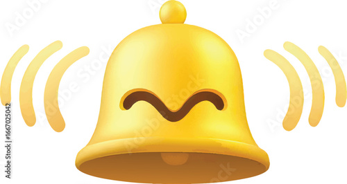 Cartoon Golden Bell with Wavy Lines and Happy Face on Transparent Background vector illustration