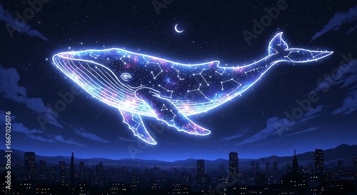 Fototapeta Naklejka Na Ścianę i Meble -  Stunning celestial whale swims above city skyline under starry night sky dreamscape