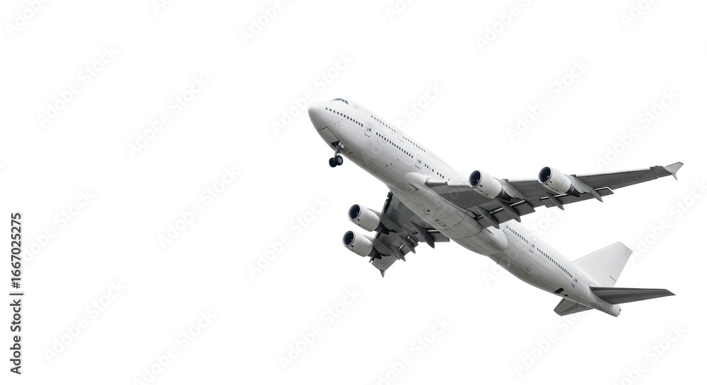 Obraz premium transparent wide-body passenger airplane, four engines, visible windows, banking upwards on a transparent studio background with copy space, concept of global travel and progress