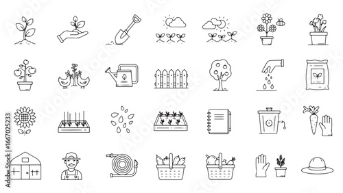 Gardening, Agriculture line icon set