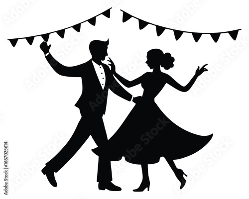 Elegant couple dancing silhouette at formal event with festive bunting decorations