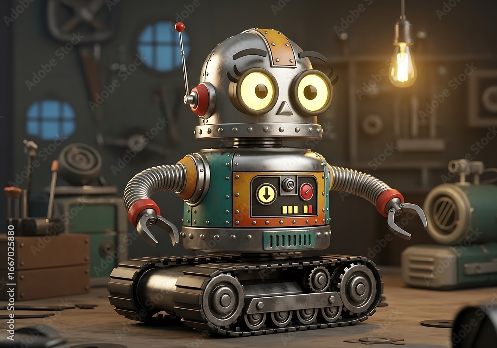Retro robot in workshop Retro robot in workshop