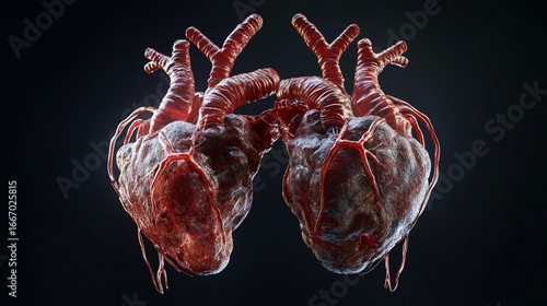 3D Render of Anatomical Hearts Shown Side by Side, Isolated Against Dark Background.