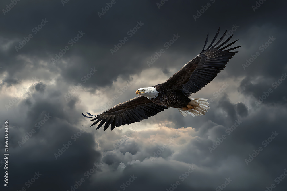 Fototapeta premium Majestic Bald Eagle Soaring Through a Dramatic, Stormy Sky