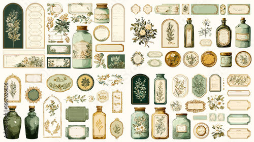 Collection of vintage apothecary labels and decorative glass bottles with floral and botanical illustrations, perfect for retro design, packaging, and craft projects.