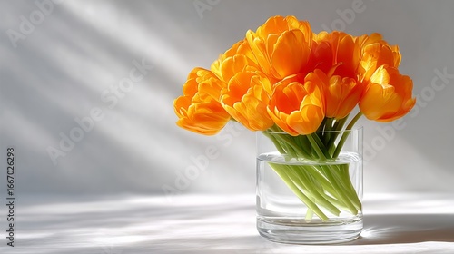 A vibrant bouquet of yellow tulips elegantly arranged in a clear glass vase. This beautiful floral display brightens any space. Perfect for home decor or floral arrangements. AI