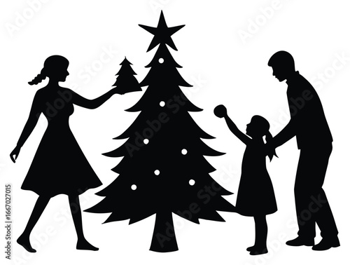 Family Decorating Christmas Tree Silhouette Celebrating the Holiday Season Together