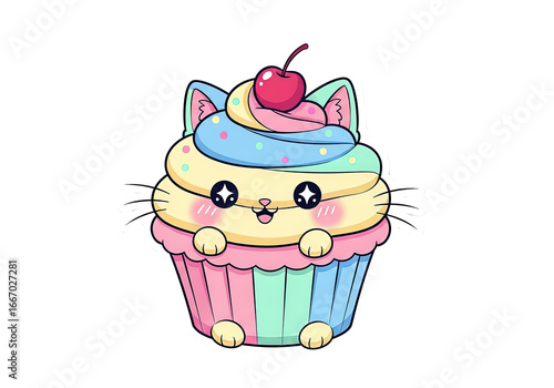 A cute cartoon cupcake with cat ears, colorful frosting, and a cherry on top.