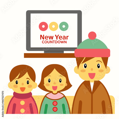Happy family watching television on new year s eve celebration