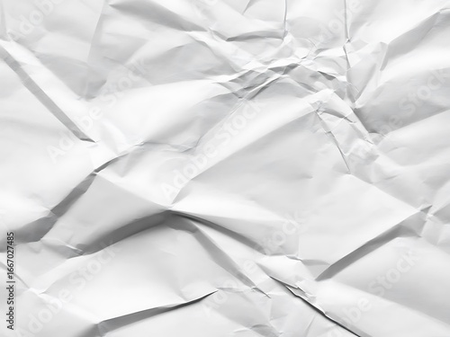 Close up of a crumpled white paper texture with shadows and highlights