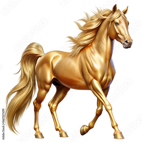 Majestic golden horse isolated on white background perfect for power, elegance or artwork visuals
