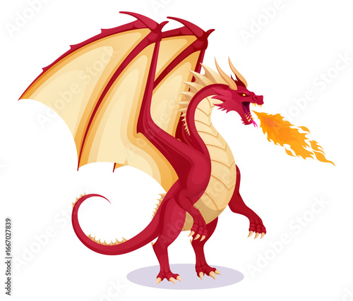 Red fantasy dragon with large wings breathing fire. Vector illustration
