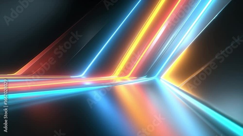 Vibrant light patterns in blue, orange, and yellow emerge in an abstract space, creating a captivating visual experience that draws viewers into a dynamic world of color and movement.